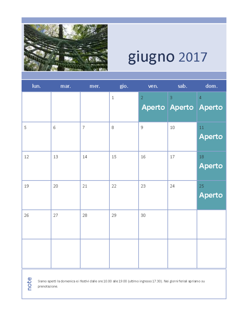 Calendario aperture Fagus Park Giugno 2017